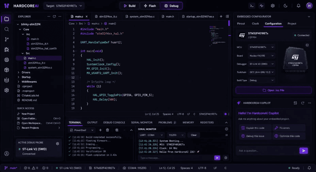 HARDCOREAI IDE — Full Workspace with Editor, Configurator, and Copilot